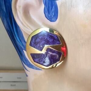 Vintage Retro 1980s whimisical abstract purple marble and gold round earrings